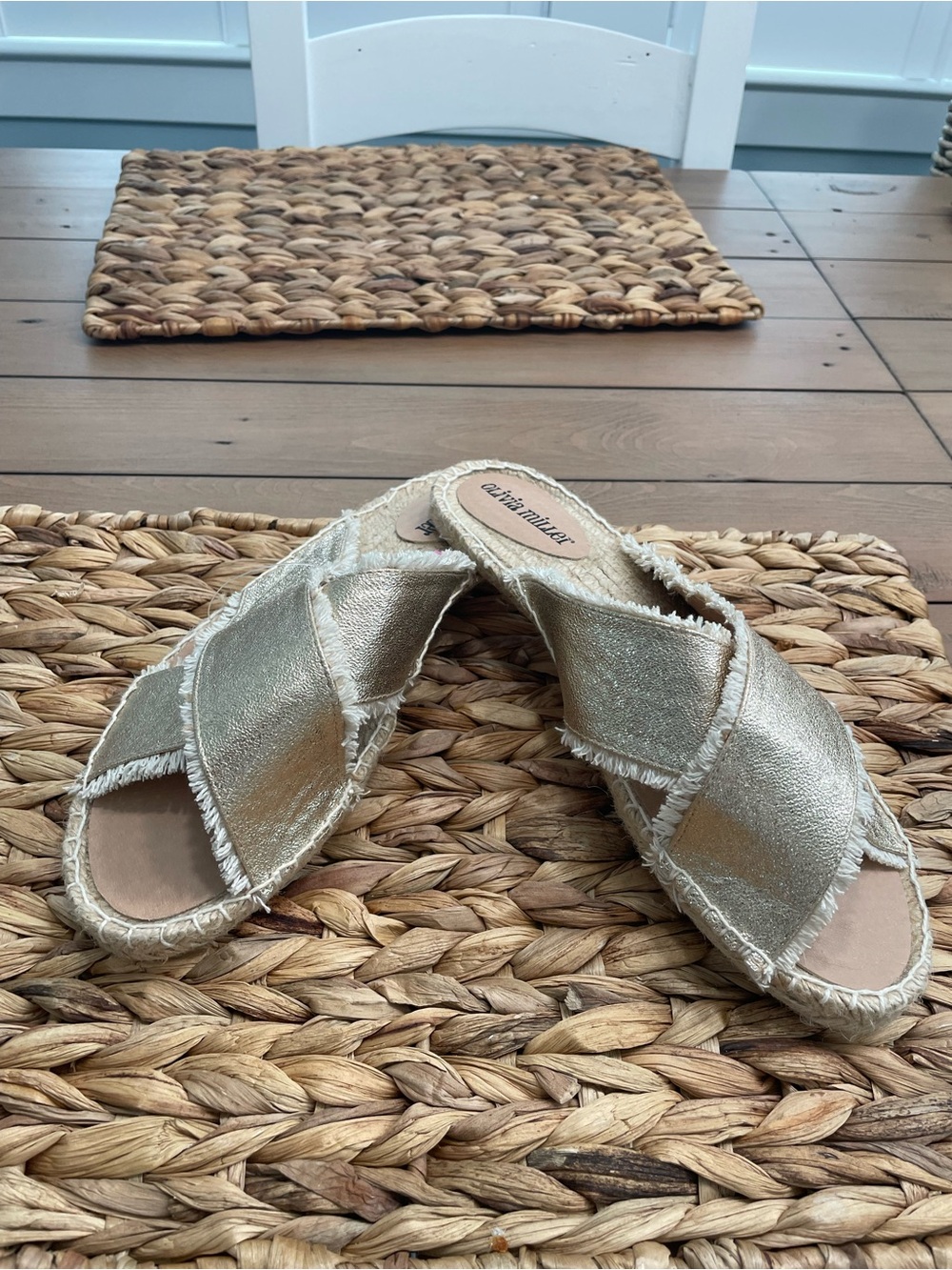 Olivia Miller Metallic Gold Frayed Crossband Slide Sandals NEW - 8
